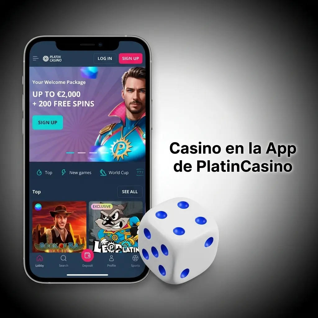 Interfaz de la app de PlatinCasino con más de 3.000 juegos: tragaperras, casino en vivo, blackjack y ruleta
