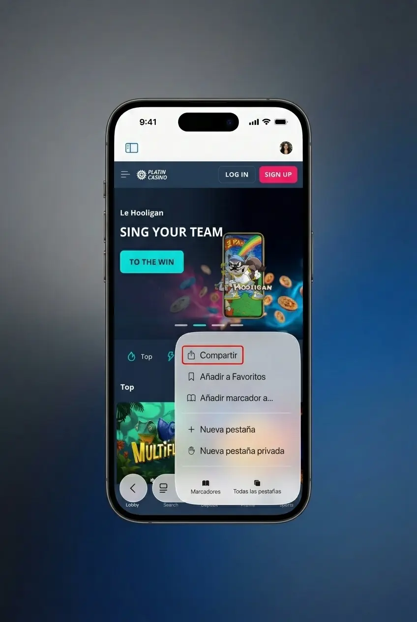 Guía visual de 4 pasos para descargar e instalar la app de PlatinCasino en dispositivos iOS