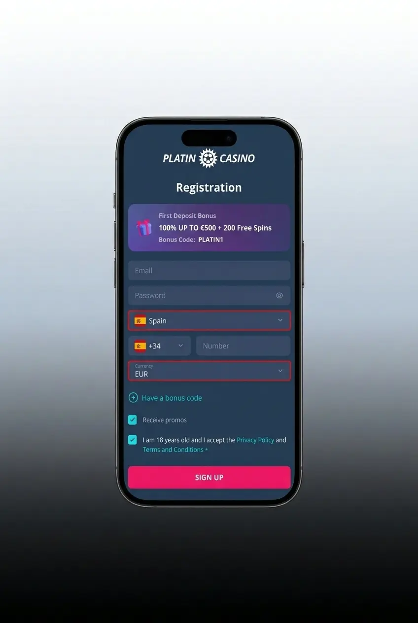 Proceso de registro en la app de PlatinCasino en 4 pasos desde dispositivo móvil Android o iOS