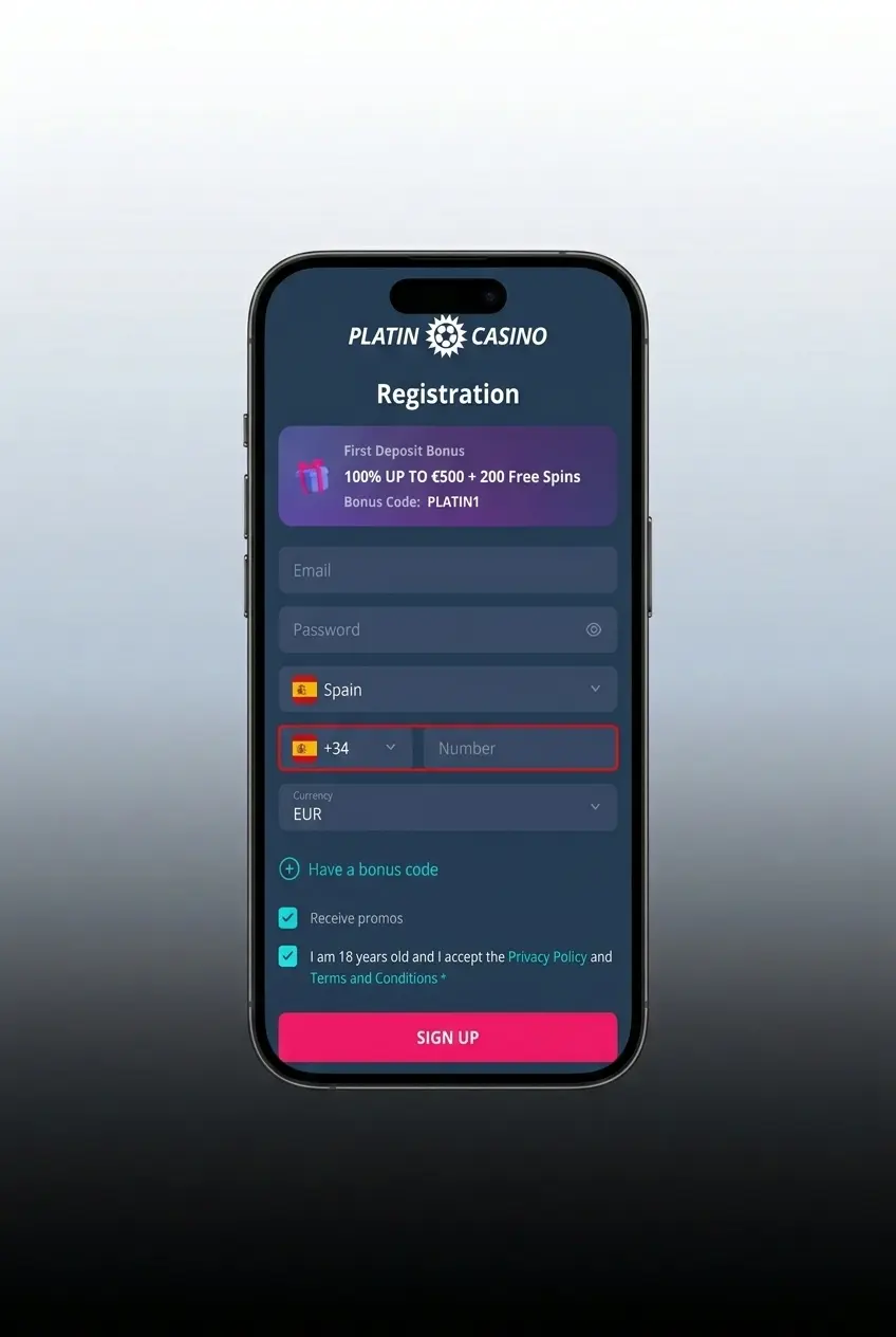 Registro en la app de PlatinCasino en 4 pasos desde móvil Android o iOS para mayores de 18 años