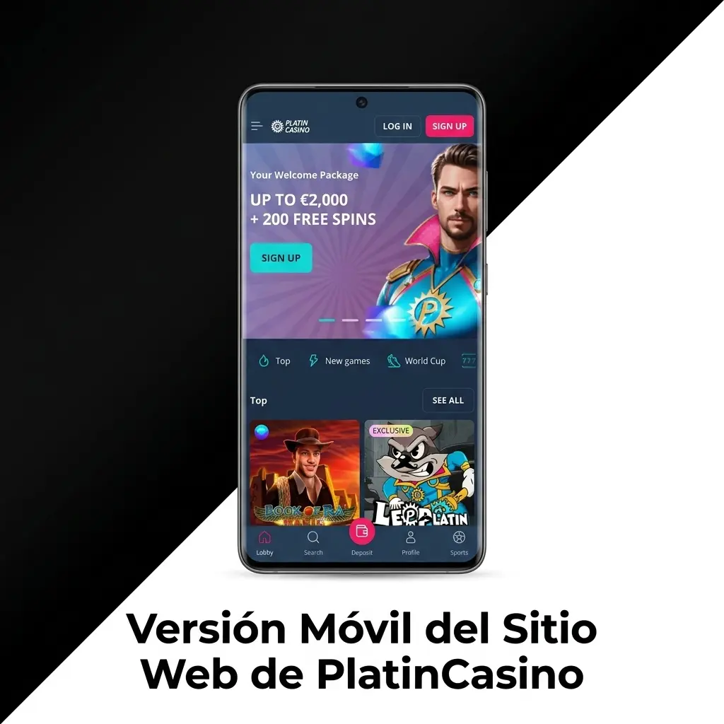 Versión móvil de PlatinCasino en smartphone con acceso a casino en vivo, tragaperras y apuestas deportivas